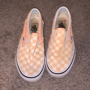 Used peachy pink checkered slip on Vans